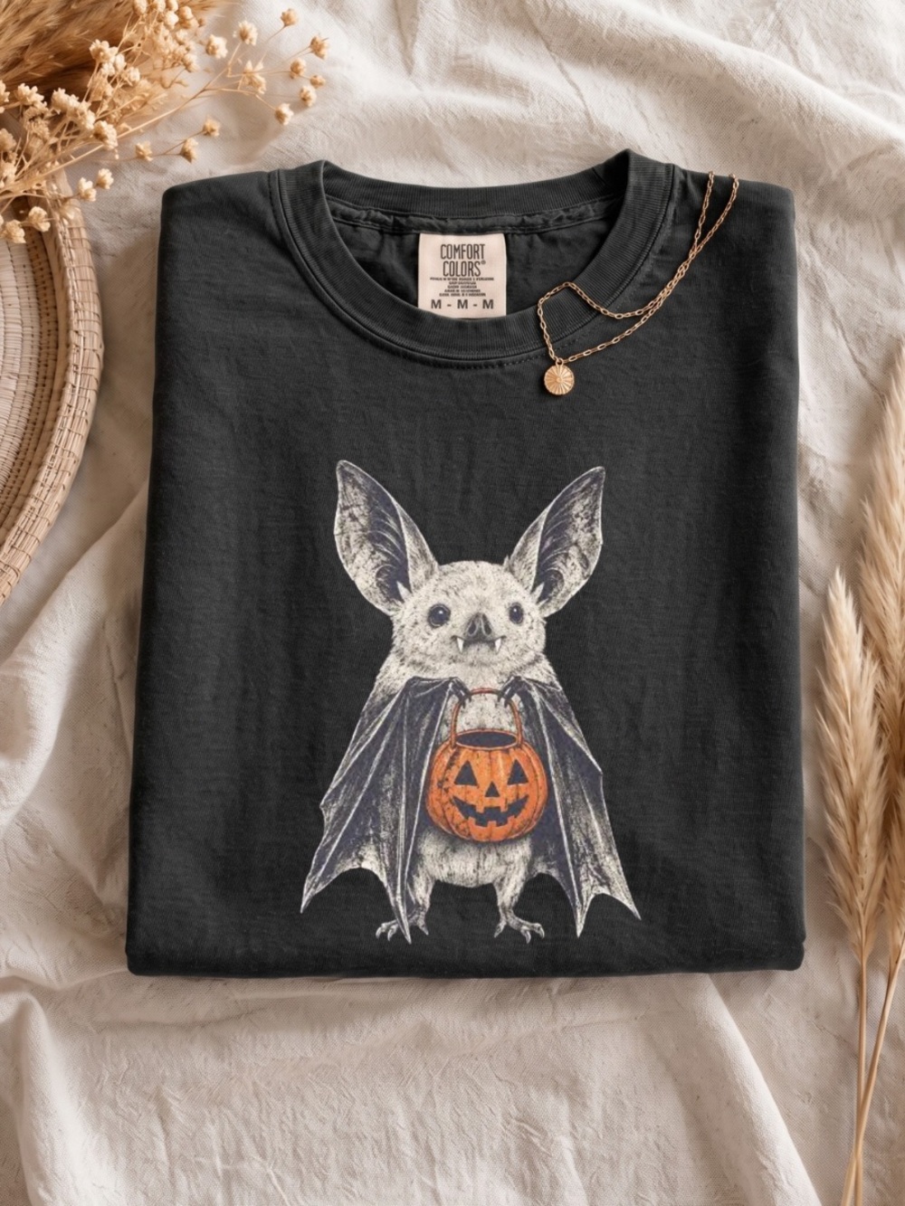 Comfort Colors Black Retro Halloween Bat Trick-or-Treat Graphic Tee
